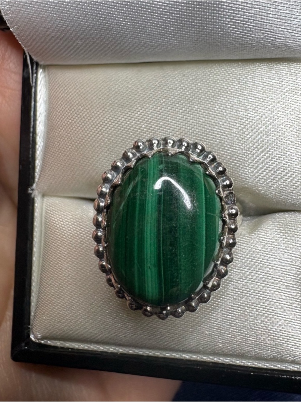 Ring Green Malachite Oval Cocktail Bezel Gemstone Sterling Silver